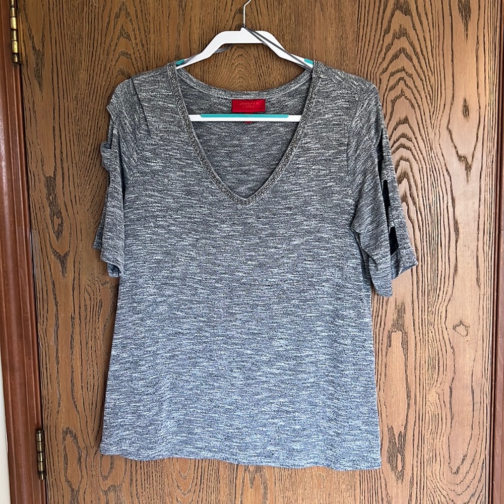 Jennifer Lopez Gray Top with Sparkly V-Neck, Size L